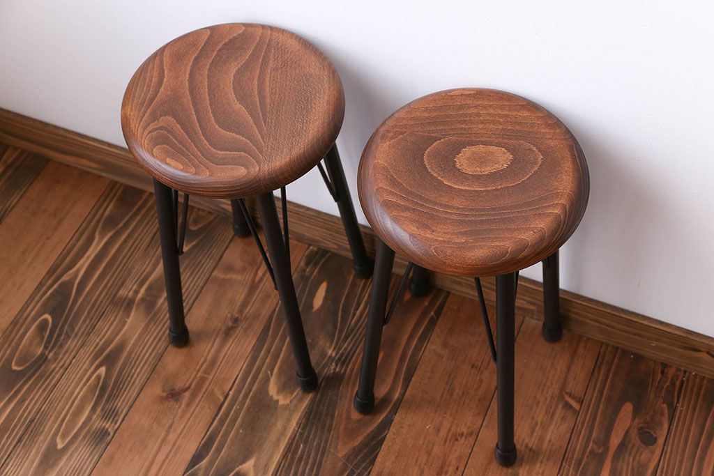 ラフジュ工房オリジナル 鉄脚ペイント×木製 丸スツール2脚セット(椅子、イス)