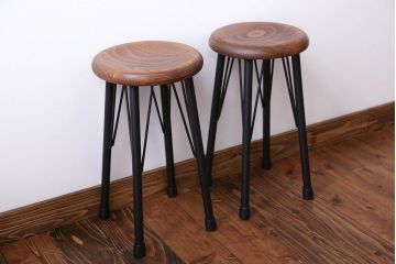 ラフジュ工房オリジナル 鉄脚ペイント×木製 丸スツール2脚セット(椅子、イス)