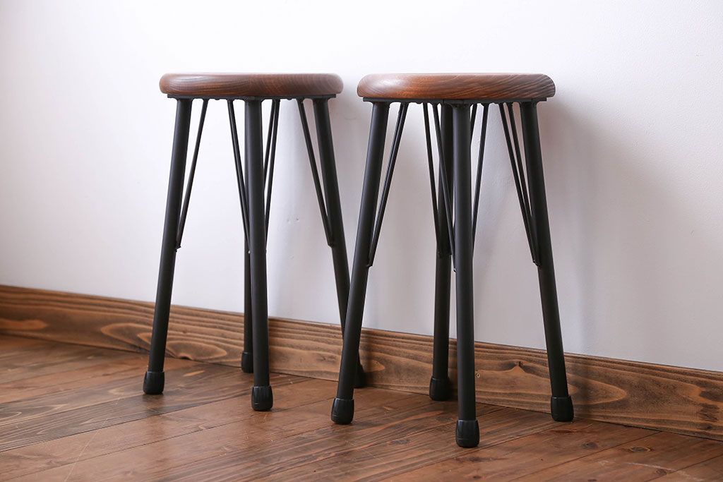 ラフジュ工房オリジナル 鉄脚ペイント×木製 丸スツール2脚セット(椅子、イス)