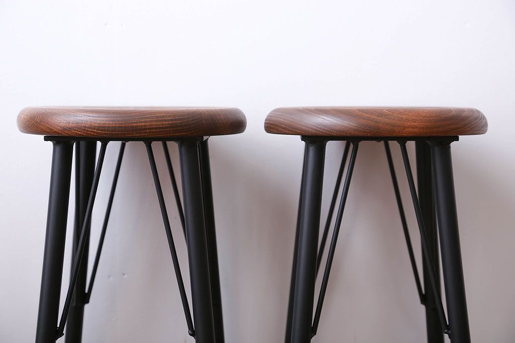 ラフジュ工房オリジナル 鉄脚ペイント×木製 丸スツール2脚セット(椅子、イス)