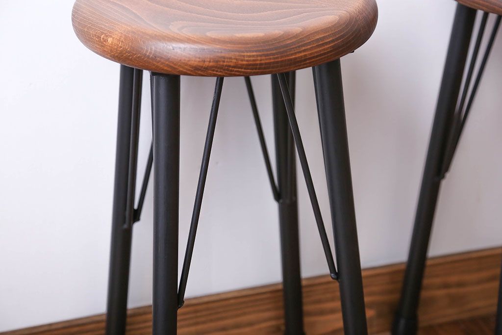 ラフジュ工房オリジナル 鉄脚ペイント×木製 丸スツール2脚セット(椅子、イス)