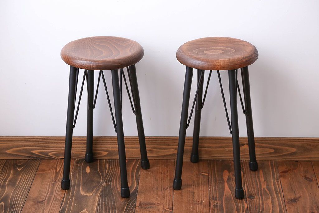 ラフジュ工房オリジナル 鉄脚ペイント×木製 丸スツール2脚セット(椅子、イス)