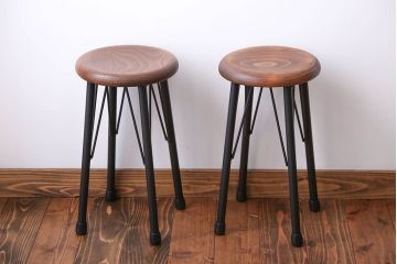 ラフジュ工房オリジナル 鉄脚ペイント×木製 丸スツール2脚セット(椅子、イス)