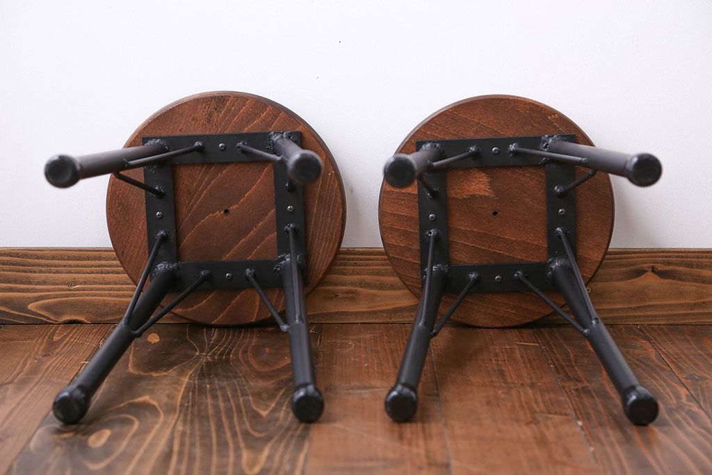 ラフジュ工房オリジナル 鉄脚ペイント×木製 丸スツール2脚セット(椅子、イス)