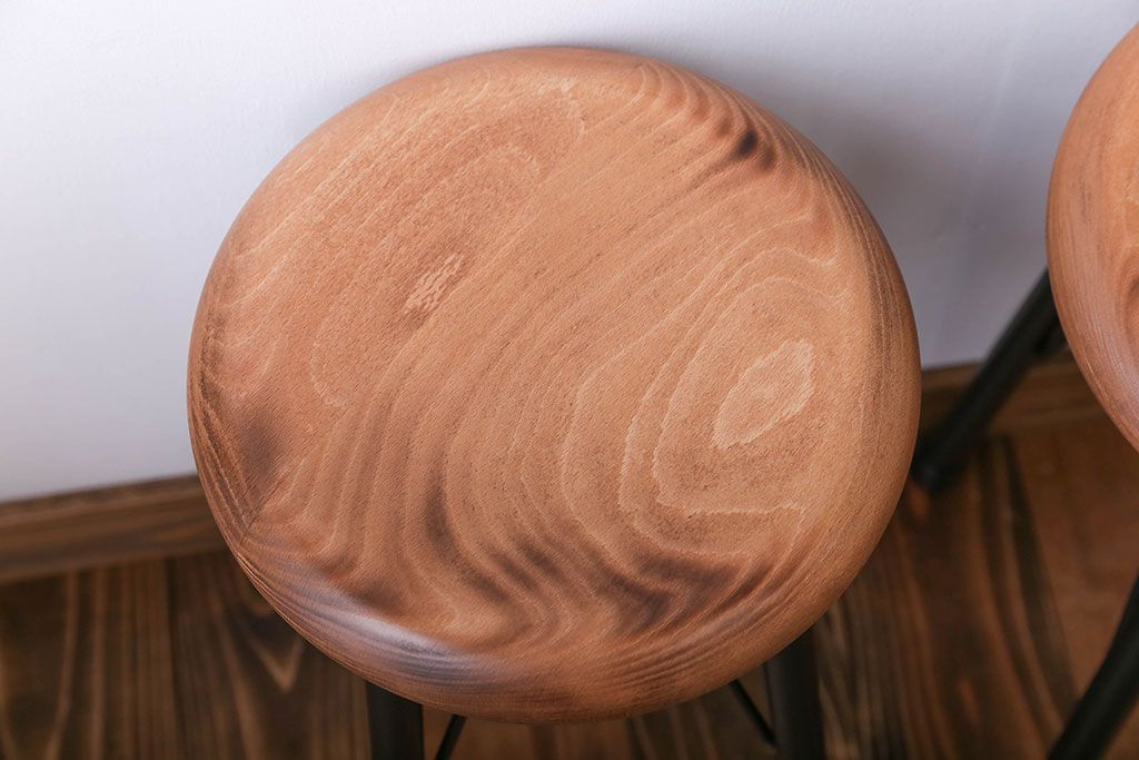 アンティーク家具　ペイント鉄脚のナチュラルスツール2脚セット(椅子、イス)