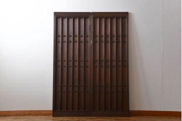 古民具・骨董　桟の入った格子板戸2枚セット(古民具、引き戸)