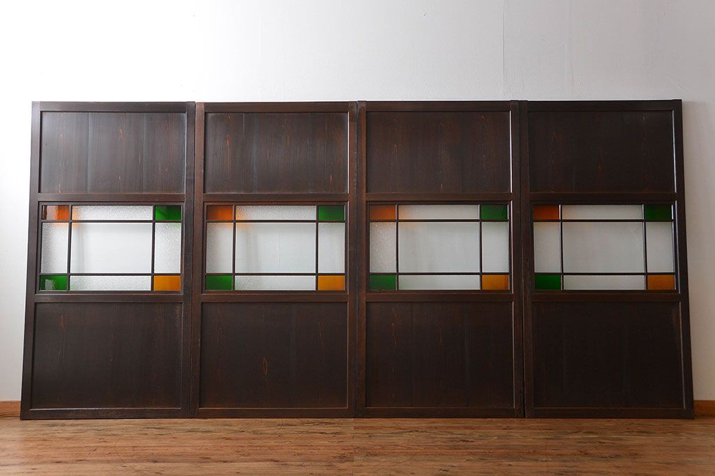 古民具・骨董　色ガラス入りのガラス帯戸4枚セット(引き戸、ガラス戸)