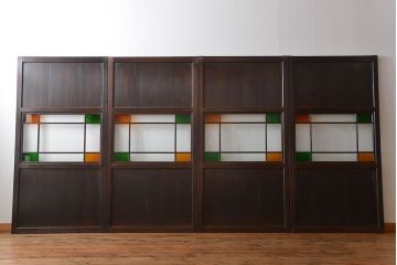 古民具・骨董　色ガラス入りのガラス帯戸4枚セット(引き戸、ガラス戸)