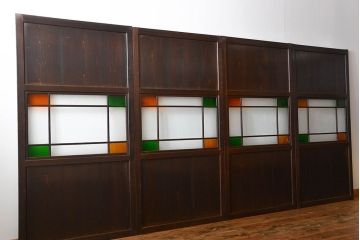 古民具・骨董　色ガラス入りのガラス帯戸4枚セット(引き戸、ガラス戸)