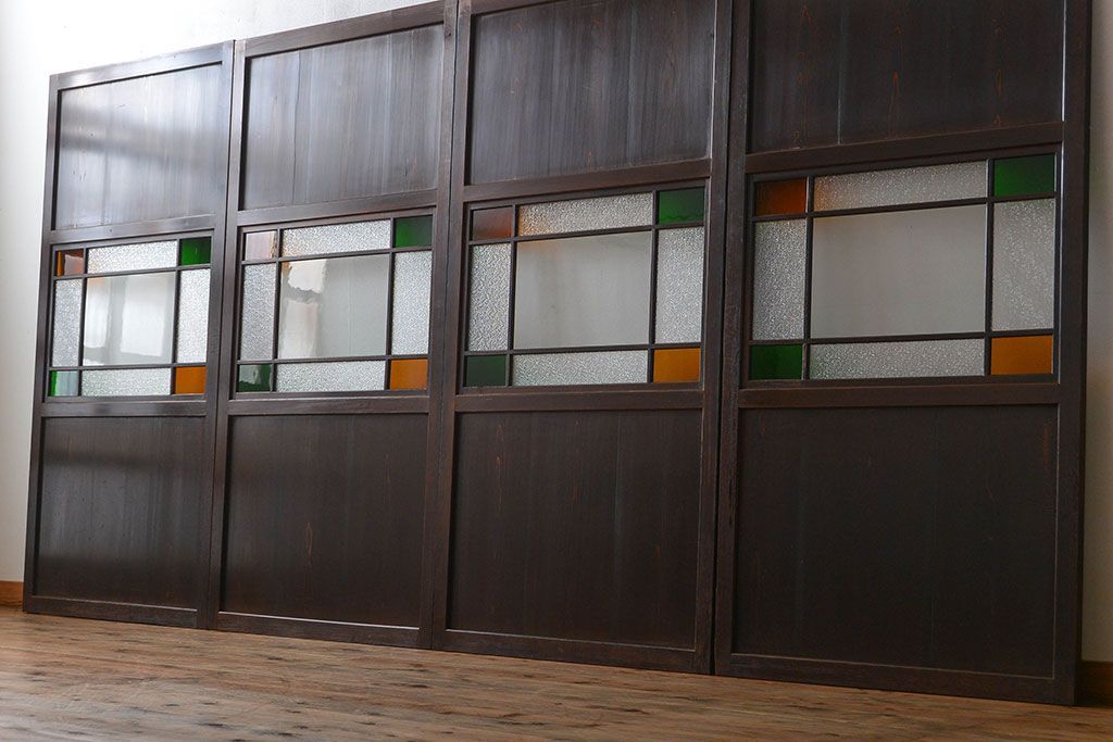 古民具・骨董　色ガラス入りのガラス帯戸4枚セット(引き戸、ガラス戸)