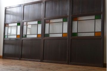 古民具・骨董　色ガラス入りのガラス帯戸4枚セット(引き戸、ガラス戸)