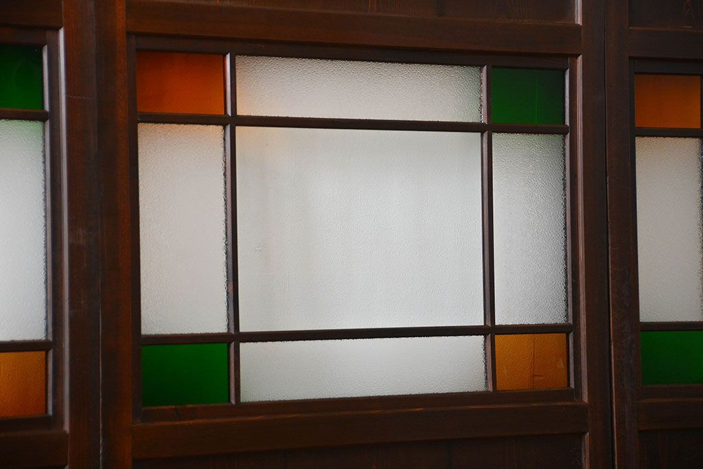 古民具・骨董　色ガラス入りのガラス帯戸4枚セット(引き戸、ガラス戸)