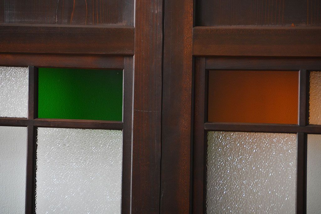 古民具・骨董　色ガラス入りのガラス帯戸4枚セット(引き戸、ガラス戸)
