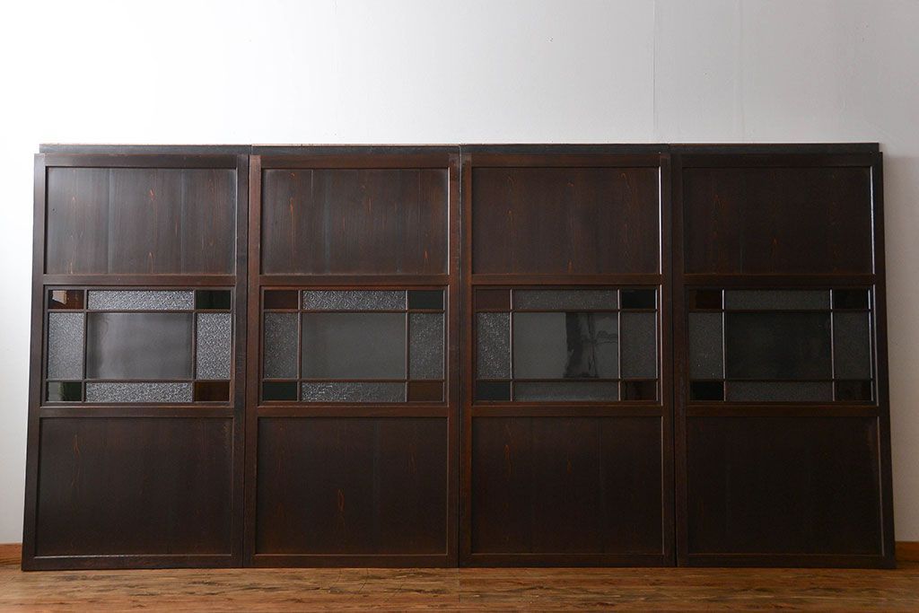 古民具・骨董　色ガラス入りのガラス帯戸4枚セット(引き戸、ガラス戸)