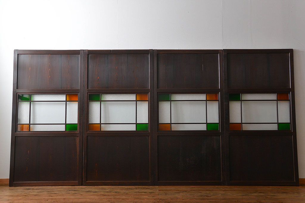 古民具・骨董　色ガラス入りのガラス帯戸4枚セット(引き戸、ガラス戸)