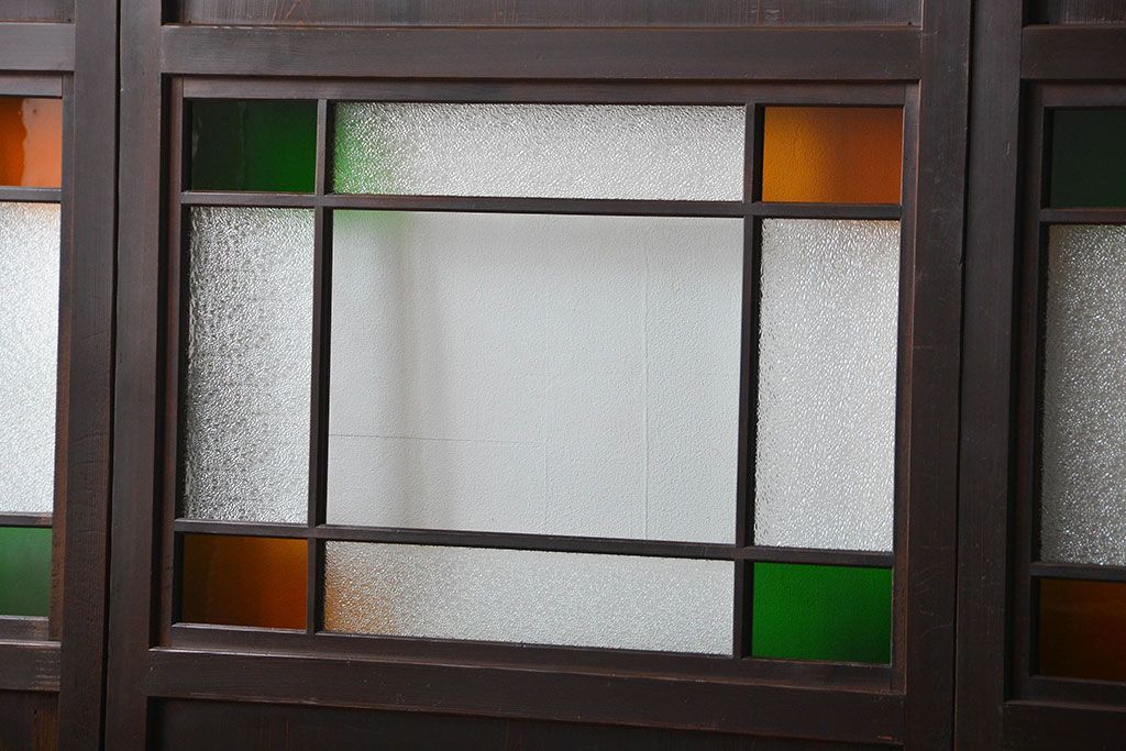 古民具・骨董　色ガラス入りのガラス帯戸4枚セット(引き戸、ガラス戸)