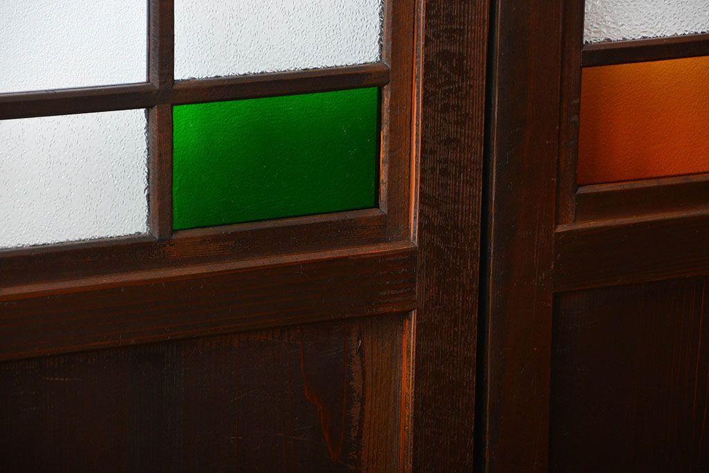 古民具・骨董　色ガラス入りのガラス帯戸4枚セット(引き戸、ガラス戸)