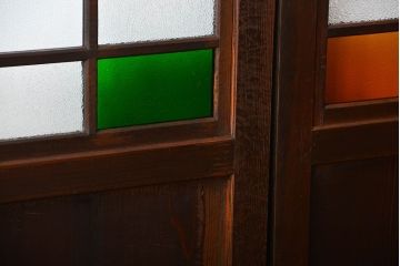 古民具・骨董　色ガラス入りのガラス帯戸4枚セット(引き戸、ガラス戸)