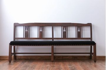 アンティーク家具　大正ロマン　古いナラ材の透かし彫りのアンティークベンチ(長椅子)