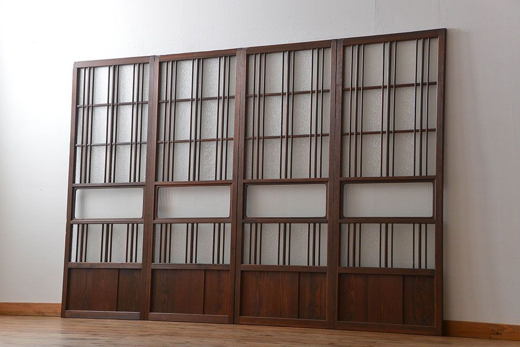 アンティーク　ダイヤガラスとモールガラス入りの縦格子幅狭ガラス戸4枚セット(引き戸)