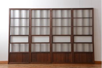 アンティーク　ダイヤガラスとモールガラス入りの縦格子幅狭ガラス戸4枚セット(引き戸)