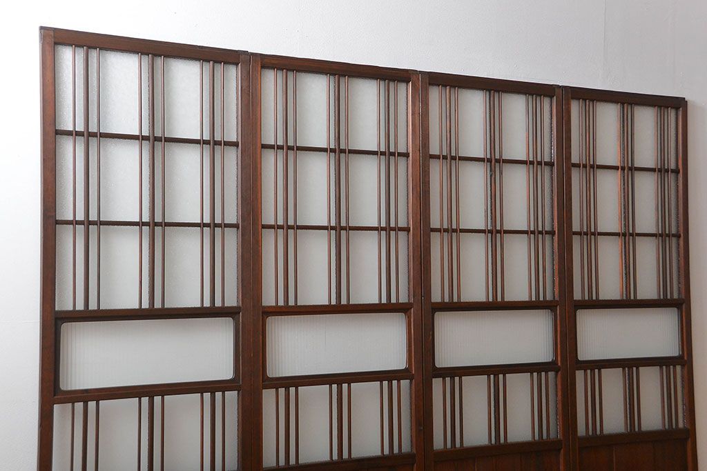 アンティーク　ダイヤガラスとモールガラス入りの縦格子幅狭ガラス戸4枚セット(引き戸)