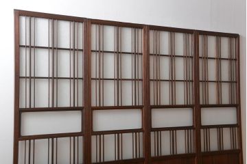 アンティーク　ダイヤガラスとモールガラス入りの縦格子幅狭ガラス戸4枚セット(引き戸)