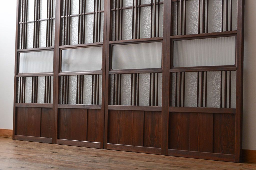 アンティーク　ダイヤガラスとモールガラス入りの縦格子幅狭ガラス戸4枚セット(引き戸)