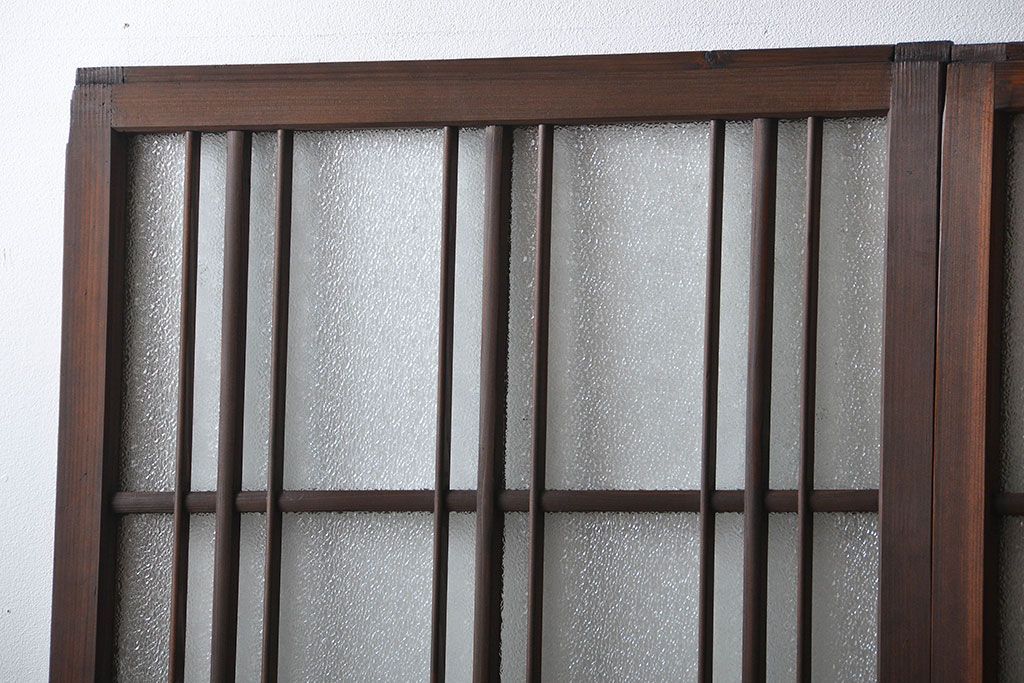 アンティーク　ダイヤガラスとモールガラス入りの縦格子幅狭ガラス戸4枚セット(引き戸)