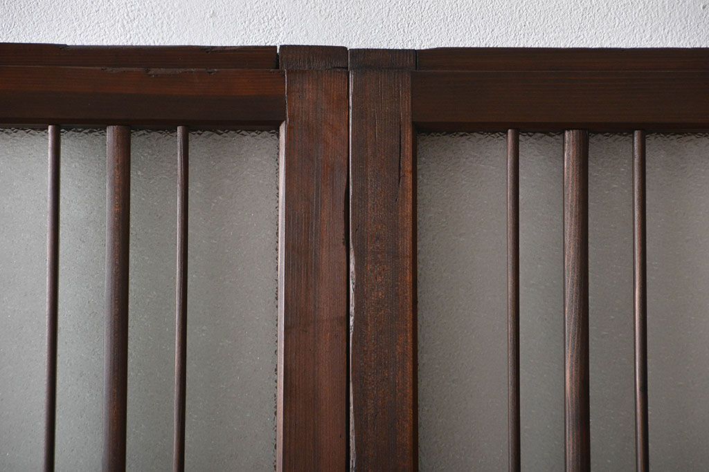 アンティーク　ダイヤガラスとモールガラス入りの縦格子幅狭ガラス戸4枚セット(引き戸)