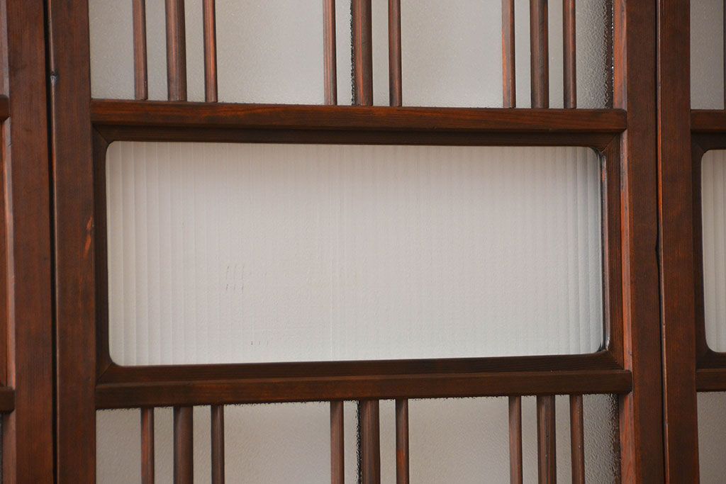 アンティーク　ダイヤガラスとモールガラス入りの縦格子幅狭ガラス戸4枚セット(引き戸)