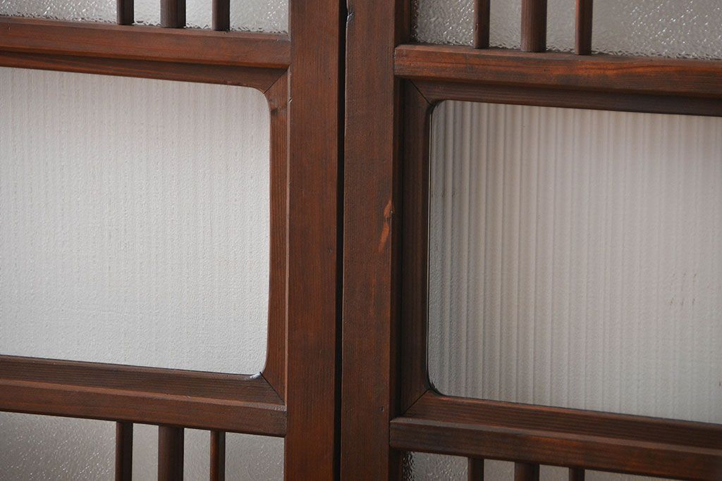 アンティーク　ダイヤガラスとモールガラス入りの縦格子幅狭ガラス戸4枚セット(引き戸)