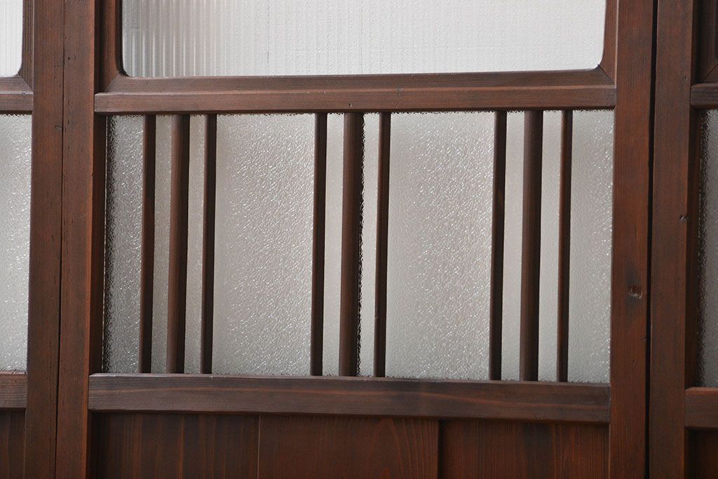 アンティーク　ダイヤガラスとモールガラス入りの縦格子幅狭ガラス戸4枚セット(引き戸)