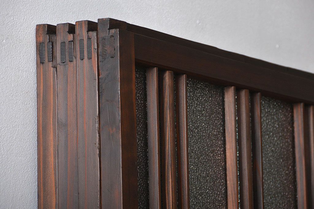 アンティーク　ダイヤガラスとモールガラス入りの縦格子幅狭ガラス戸4枚セット(引き戸)