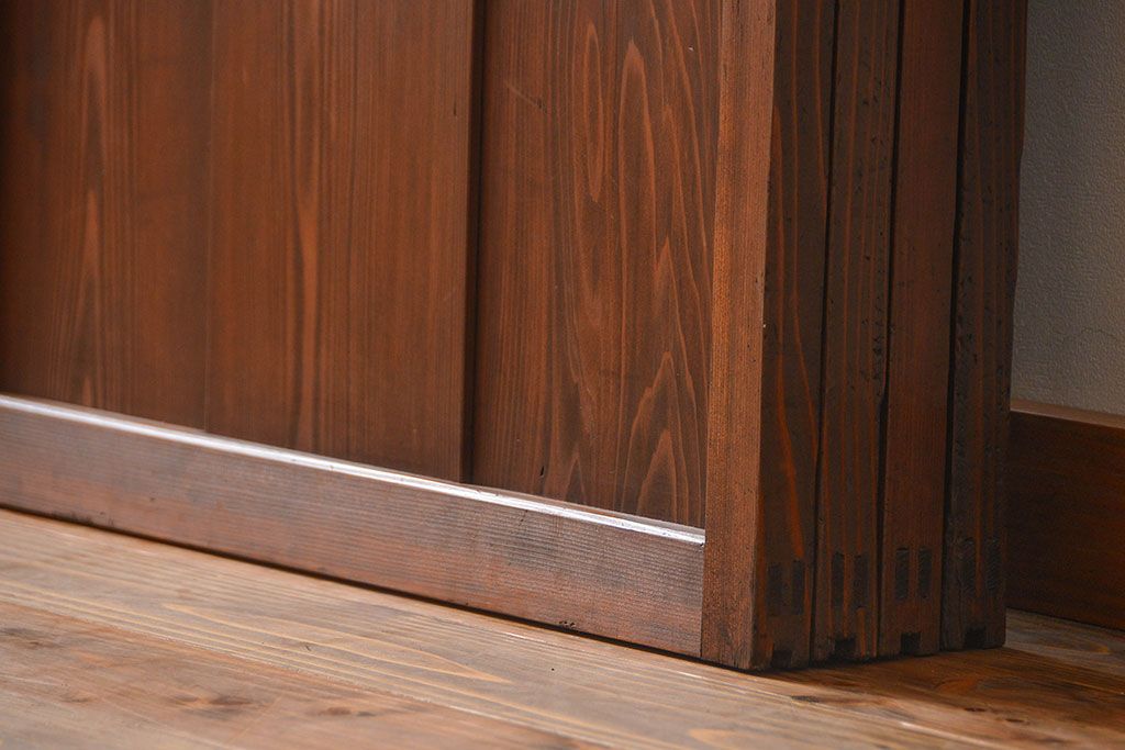 アンティーク　ダイヤガラスとモールガラス入りの縦格子幅狭ガラス戸4枚セット(引き戸)