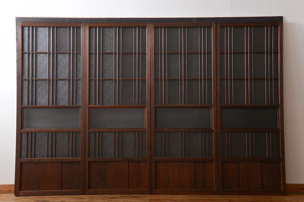 アンティーク　ダイヤガラスとモールガラス入りの縦格子幅狭ガラス戸4枚セット(引き戸)