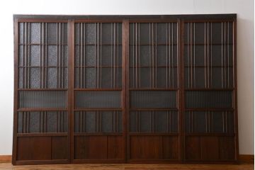 アンティーク　ダイヤガラスとモールガラス入りの縦格子幅狭ガラス戸4枚セット(引き戸)