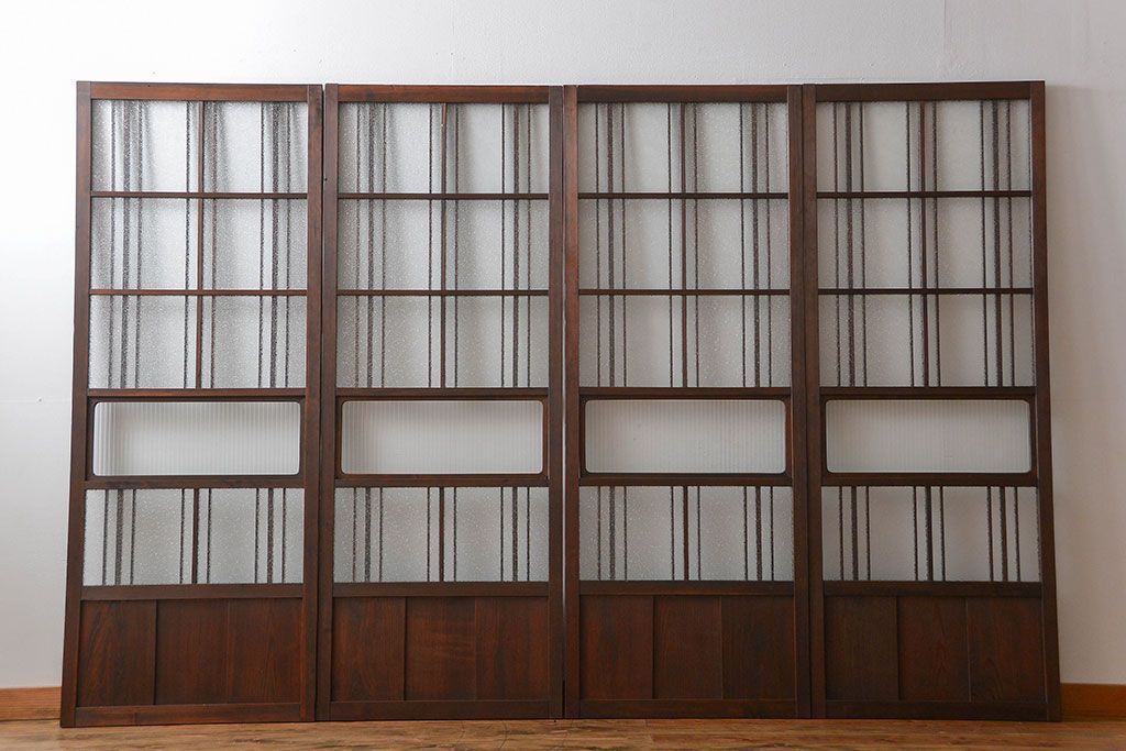 アンティーク　ダイヤガラスとモールガラス入りの縦格子幅狭ガラス戸4枚セット(引き戸)