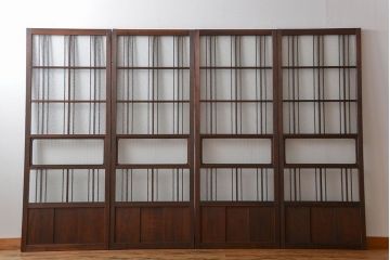 アンティーク　ダイヤガラスとモールガラス入りの縦格子幅狭ガラス戸4枚セット(引き戸)