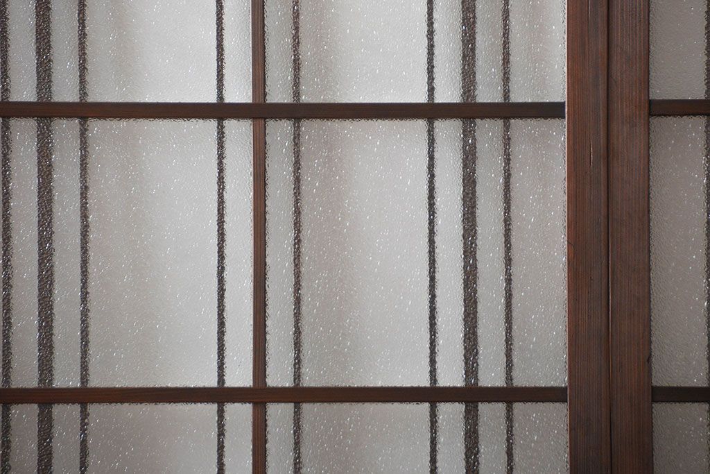 アンティーク　ダイヤガラスとモールガラス入りの縦格子幅狭ガラス戸4枚セット(引き戸)