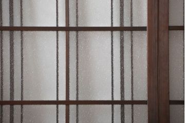 アンティーク　ダイヤガラスとモールガラス入りの縦格子幅狭ガラス戸4枚セット(引き戸)