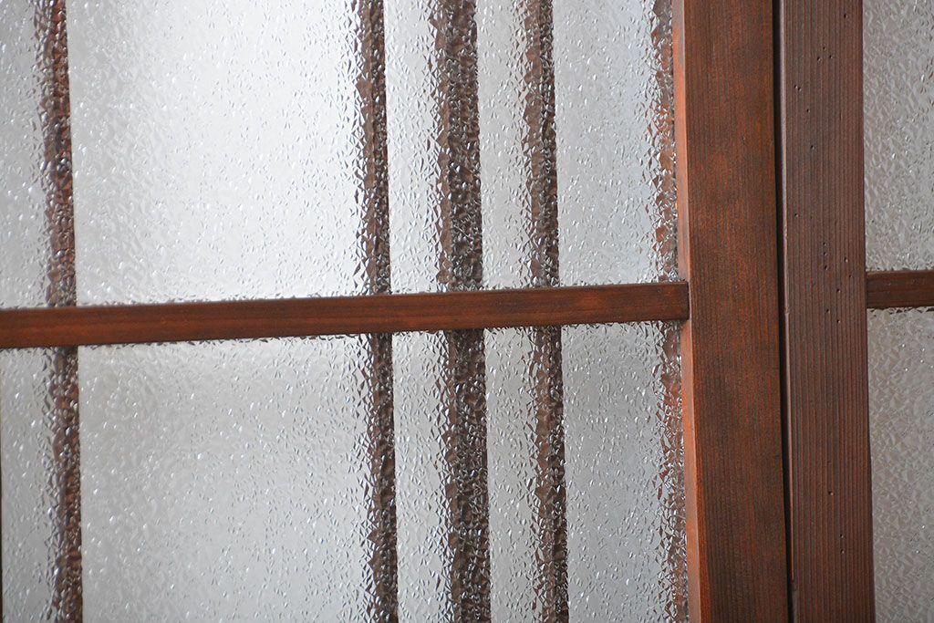 アンティーク　ダイヤガラスとモールガラス入りの縦格子幅狭ガラス戸4枚セット(引き戸)