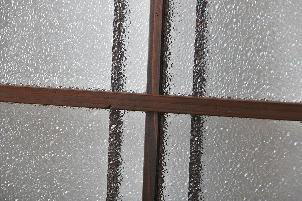 アンティーク　ダイヤガラスとモールガラス入りの縦格子幅狭ガラス戸4枚セット(引き戸)