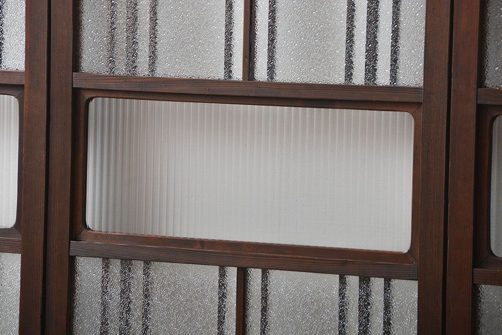 アンティーク　ダイヤガラスとモールガラス入りの縦格子幅狭ガラス戸4枚セット(引き戸)