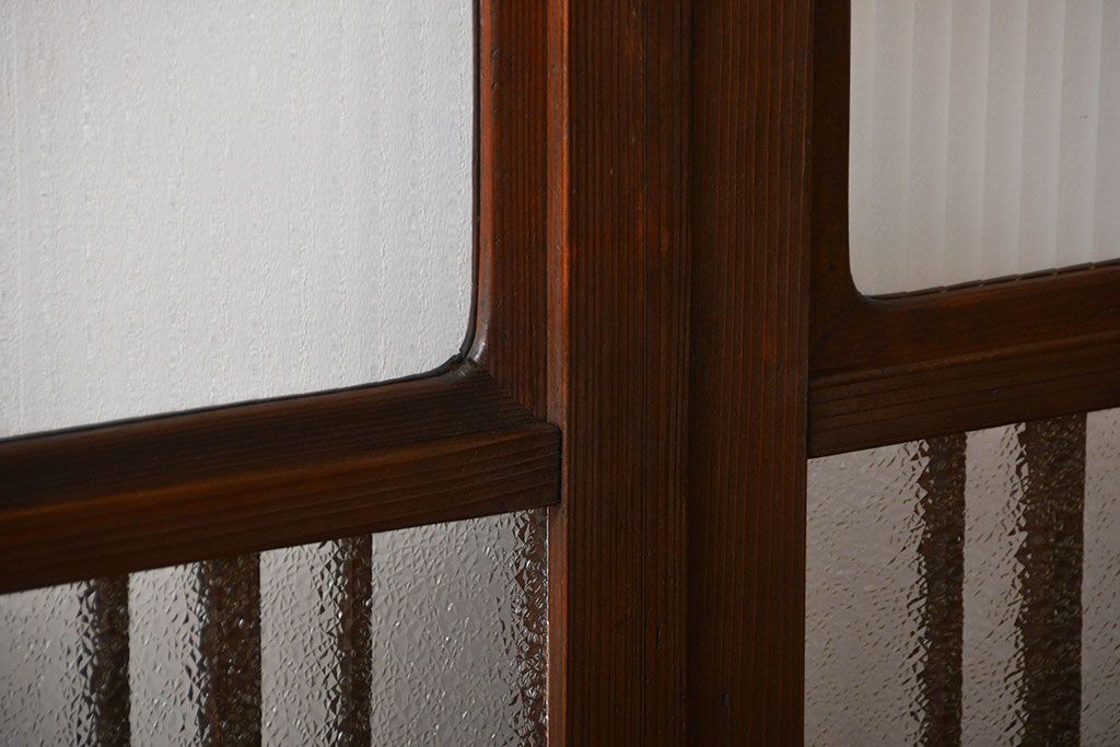 アンティーク　ダイヤガラスとモールガラス入りの縦格子幅狭ガラス戸4枚セット(引き戸)