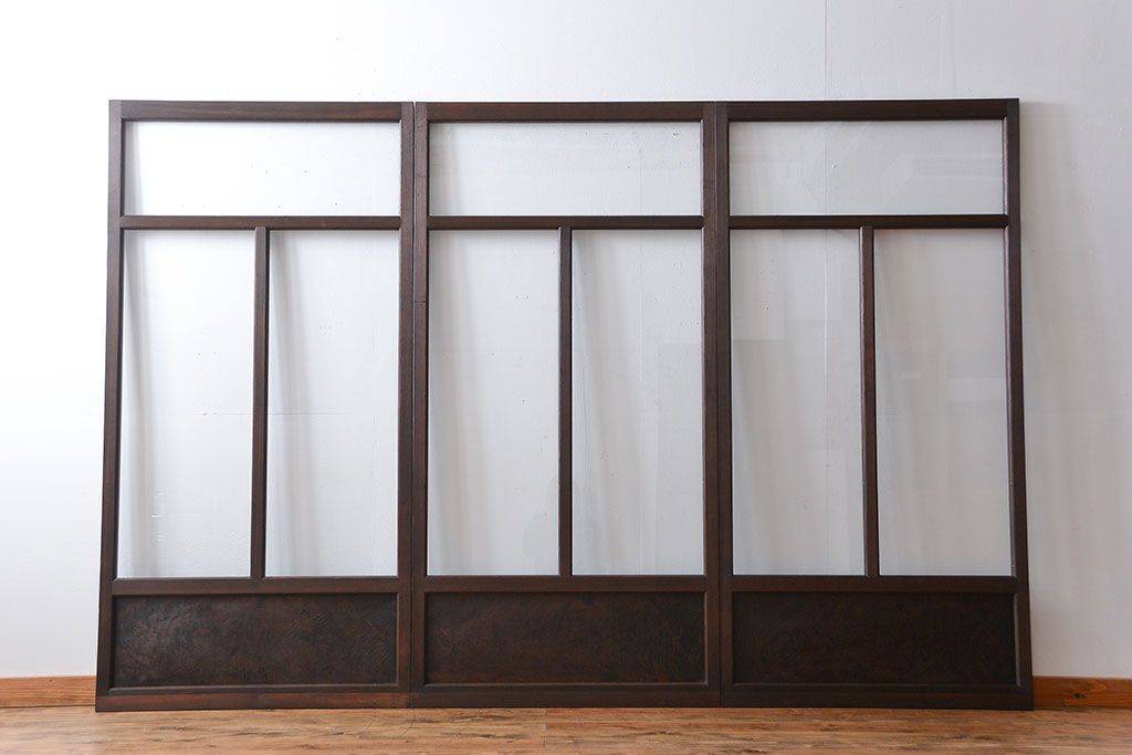アンティーク　シンプルで上質な作りのガラス戸3枚セット(引き戸、建具)