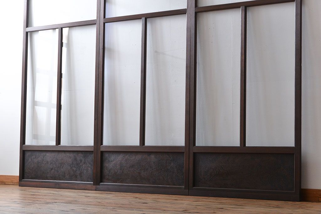 アンティーク　シンプルで上質な作りのガラス戸3枚セット(引き戸、建具)