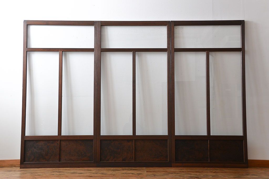 アンティーク　シンプルで上質な作りのガラス戸3枚セット(引き戸、建具)