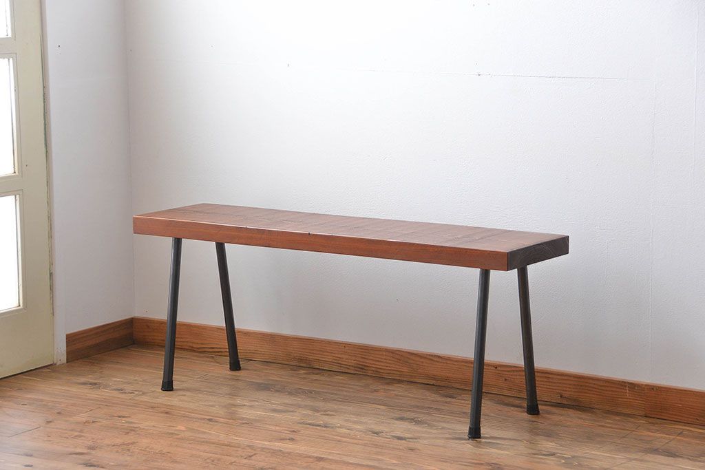 レトロ家具　昭和レトロ 天板一枚板　鉄脚ベンチ(1)