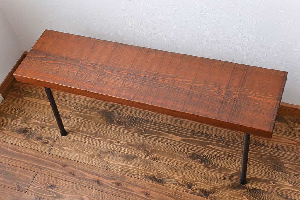 レトロ家具　昭和レトロ 天板一枚板　鉄脚ベンチ(1)